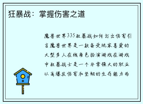 狂暴战：掌握伤害之道